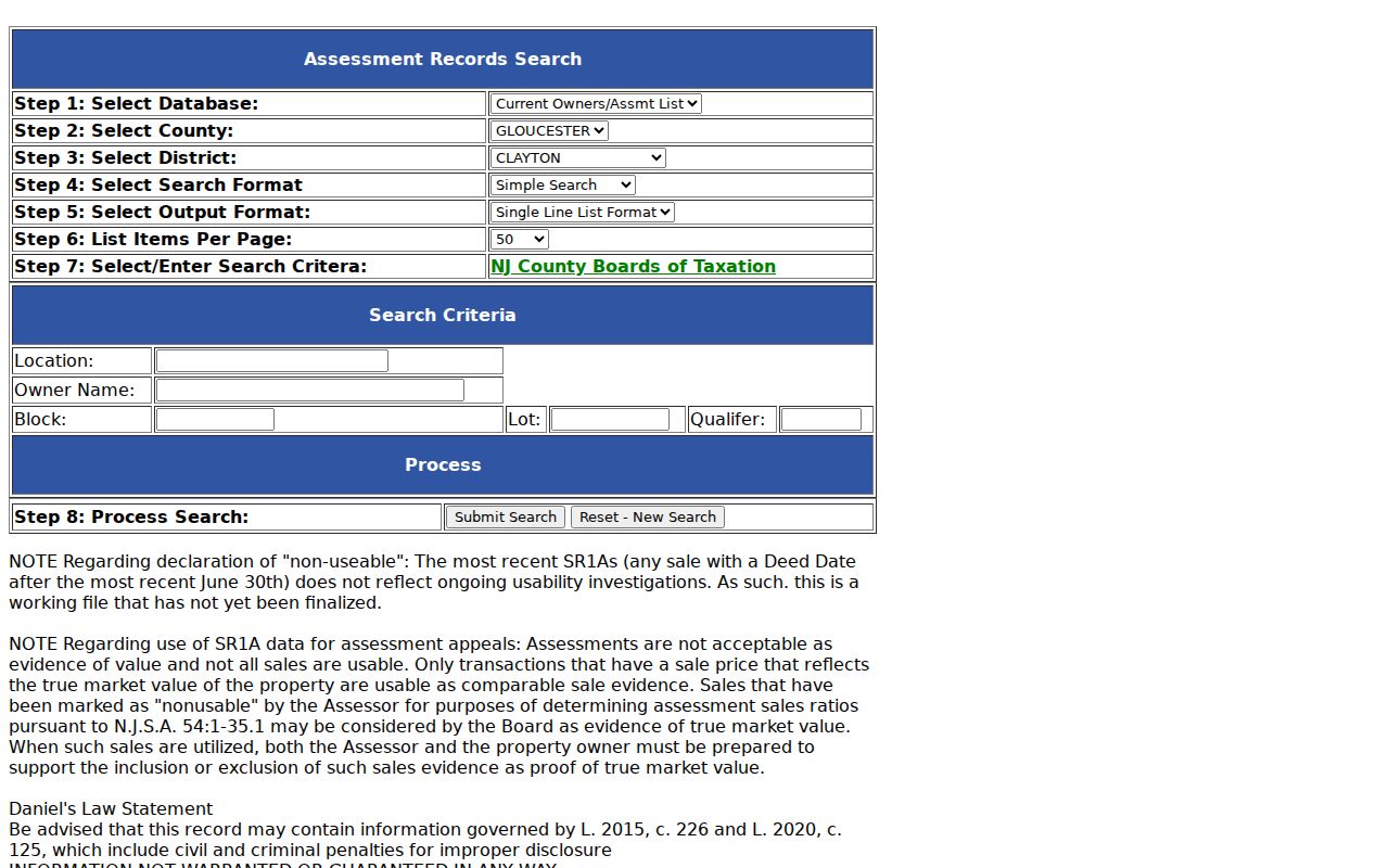 Washington Township street directory Gloucester County assessment search controls