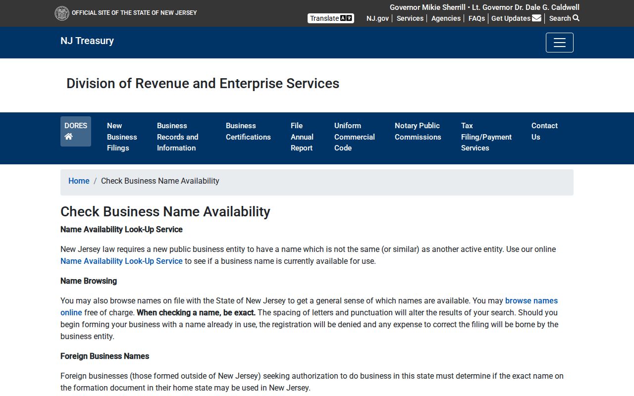 Washington Township resident lookup using the New Jersey business name search